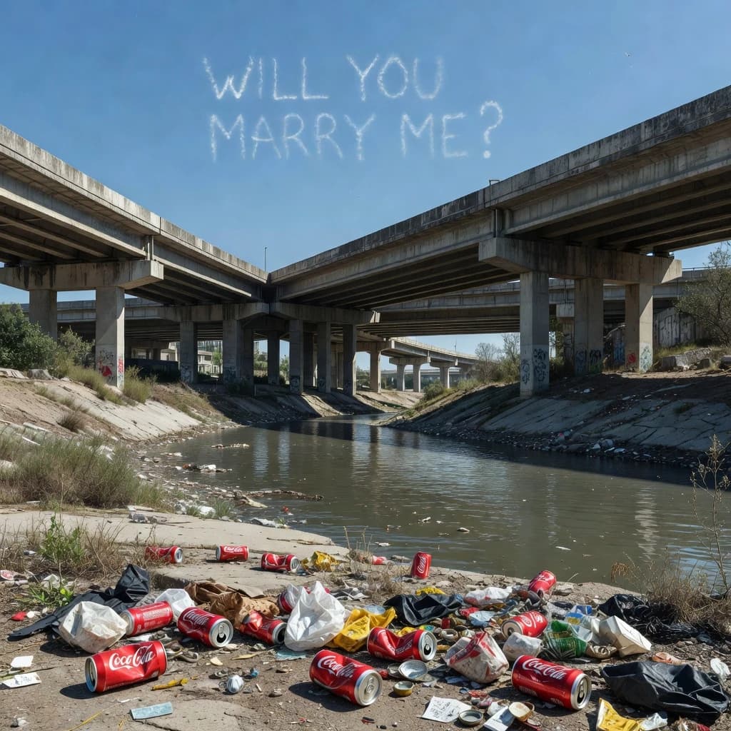 Red soda cans and other garbage sit strewn across the bank of an urban river only a few metres wide. Concrete overpasses criss cross overhead on a bright and sunny day. Fading skywriting proposes marriage