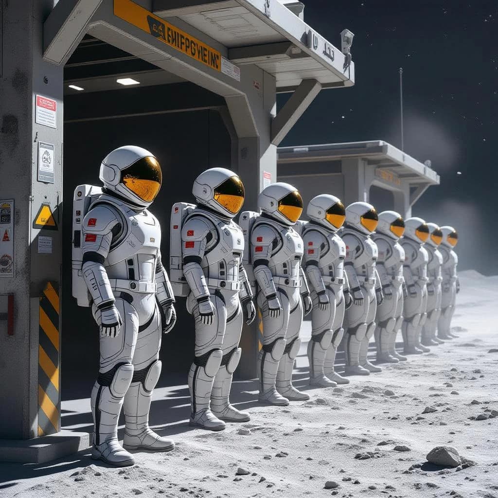 Silver exosuits queue at a dusty lunar checkpoint.