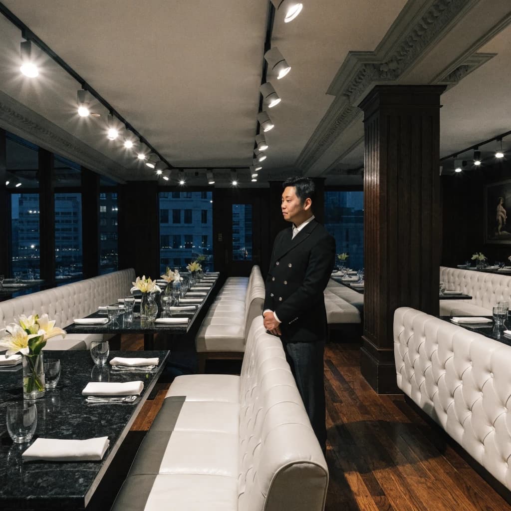 The place is almost empty. The banquettes are covered in white leather, the tables black granite, and the entire room is bathed in halogen track lighting that seems too bright. The maître d’ wears a double-breasted wool crepe jacket. There are lilies on every table.