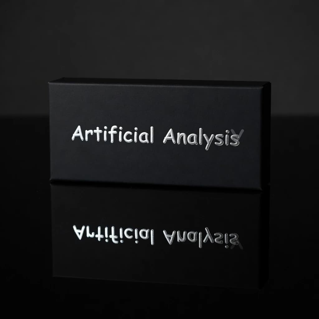On the black box, silver foil embossing, centered: "Artificial Analysis" in Comic Sans Small Caps, perfectly justified. The letters are crisp, but the “Y” is duplicated faintly, ghosting right. On the box’s reflection, the word order is inverted: ARTIFICIAL ANALYSIS.