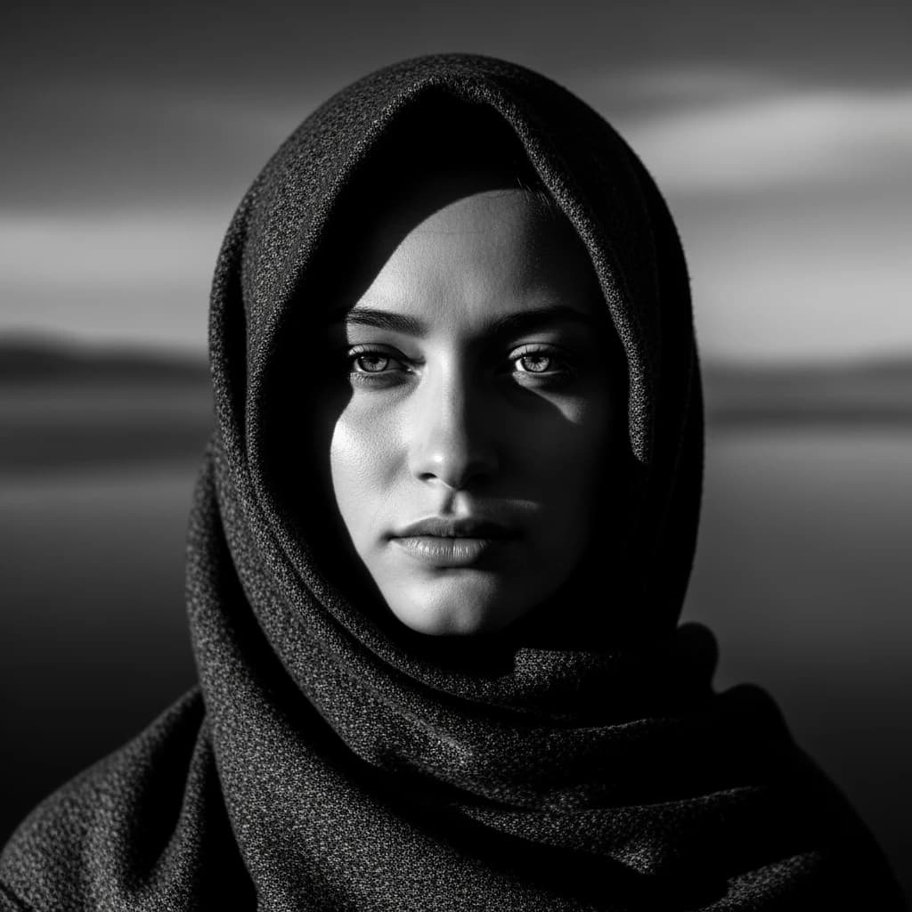 A dramatic black-and-white portrait of a young person draped in a hooded garment, their face framed by the hood's dark folds. Their skin tone and the subtle sheen on their cheeks create striking tonal contrast against the deep shadows. Their eyes are piercing, looking directly into the lens with a calm, steady intensity—neither confrontational nor submissive, but deeply present. The texture of the fabric is visible: it's dense, slightly weathered, and whisper-thin creases catch the light. In the background, an expansive, out-of-focus landscape suggests open space—perhaps distant plains or water—though the details remain soft and abstract. The overall mood is silent yet powerful, poised between vulnerability and resilience, with every highlight and shadow telling part of their story.