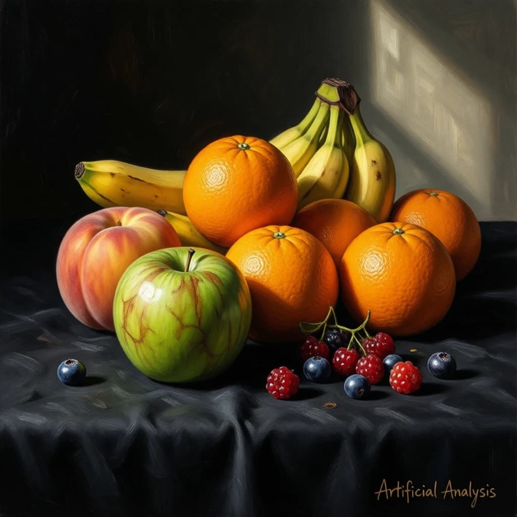 A still life scene painted oil on canvas, comprising various fruits on a black table cloth with striking lighting coming from the right out of frame, creating strong shadows. A bruised green apple is in the foreground, a peach behind it, and behind that a melange of oranges and bananas in various states of ripeness. Berries are strewn in front of the apple. The artist has signed his name "Artificial Analysis" in the bottom right corner in a hurried fashion.