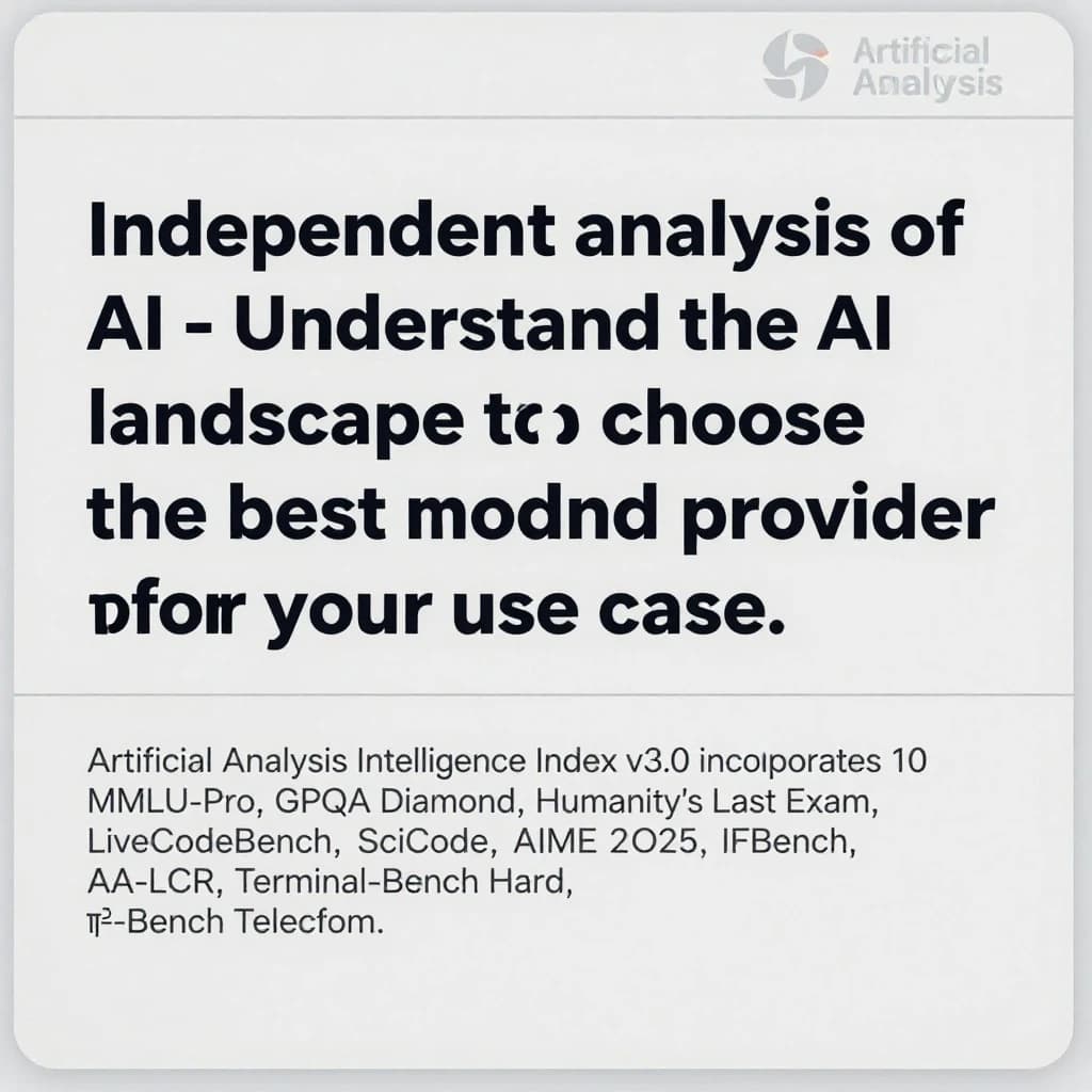 On a white dashboard with thin gray dividers, place a centered header in Helvetica Neue Bold, 20pt: “Independent analysis of AI - Understand the AI landscape to choose the best model and provider for your use case.” Directly beneath, a subheader in smaller Regular weight, 14pt: “Artificial Analysis Intelligence Index v3.0 incorporates 10 evaluations: MMLU-Pro, GPQA Diamond, Humanity's Last Exam, LiveCodeBench, SciCode, AIME 2025, IFBench, AA-LCR, Terminal-Bench Hard, 𝜏²-Bench Telecom.” The header is fully justified but the subheader is left-aligned. In the upper right corner, the Artificial Analysis logo appears watermarked, diagonal, faint gray, partially overlapping the scrollbar.