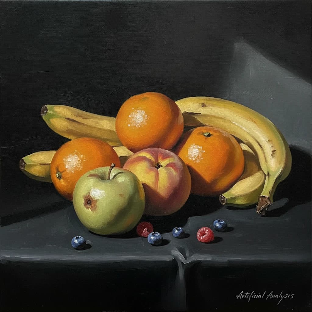 A still life scene painted oil on canvas, comprising various fruits on a black table cloth with striking lighting coming from the right out of frame, creating strong shadows. A bruised green apple is in the foreground, a peach behind it, and behind that a melange of oranges and bananas in various states of ripeness. Berries are strewn in front of the apple. The artist has signed his name "Artificial Analysis" in the bottom right corner in a hurried fashion.