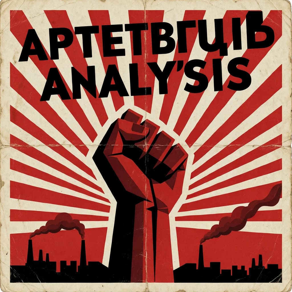 A propaganda poster in stark red, black, and beige. A clenched fist rises in the foreground, rendered with sharp geometric blocks. Behind it, radiating lines stretch upward toward a stylized sun. At the top, bold sans-serif lettering in Cyrillic-inspired type spells out Artificial Analysis, tilted at an angle for emphasis. A factory skyline silhouettes the bottom edge, smoke stacks rising into the background. The texture is rough, printed on aged paper with visible creases and ink bleed. Designed in the constructivist Soviet poster style.