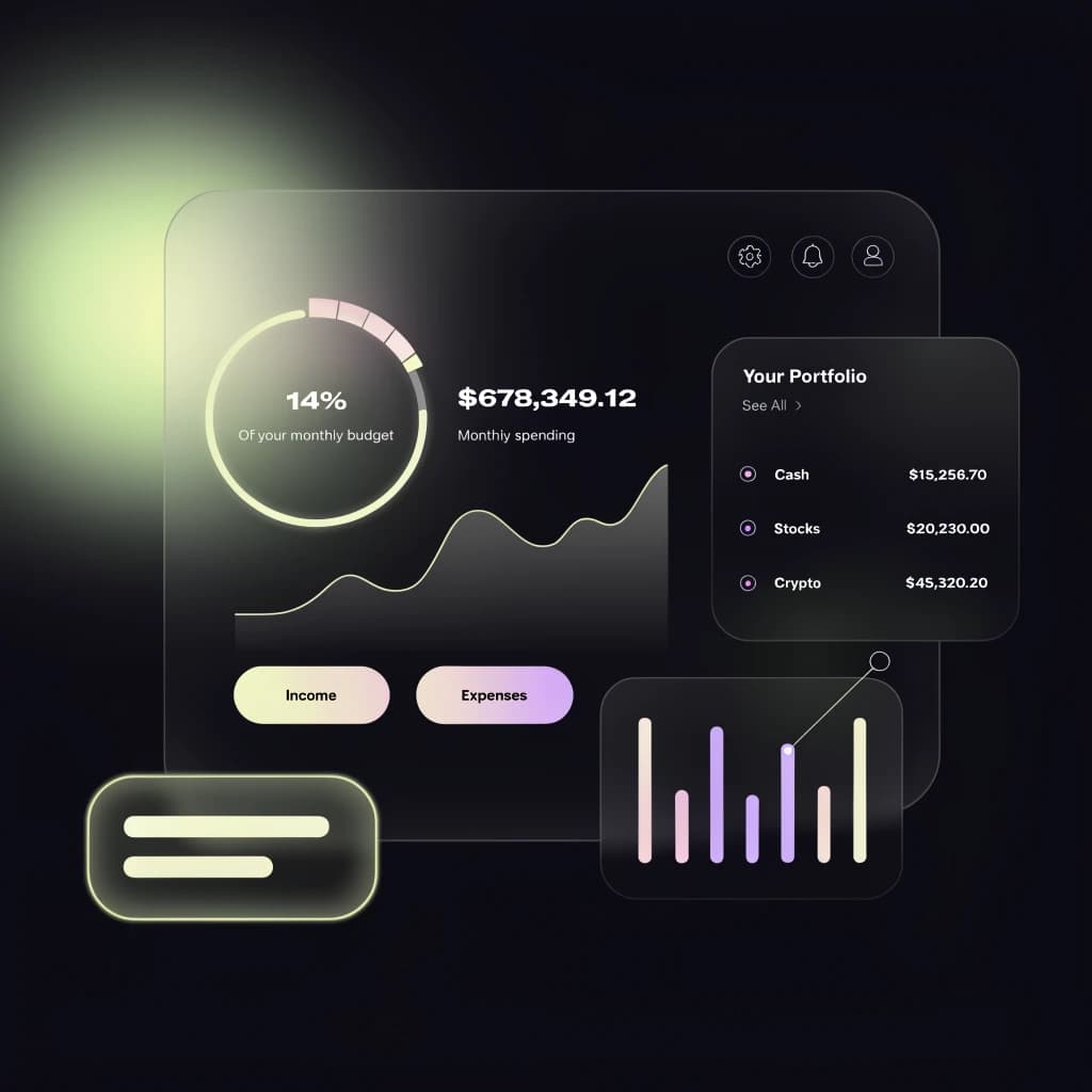 Make a dark mode finance dashboard with charts, glassmorphism, soft neon glow.