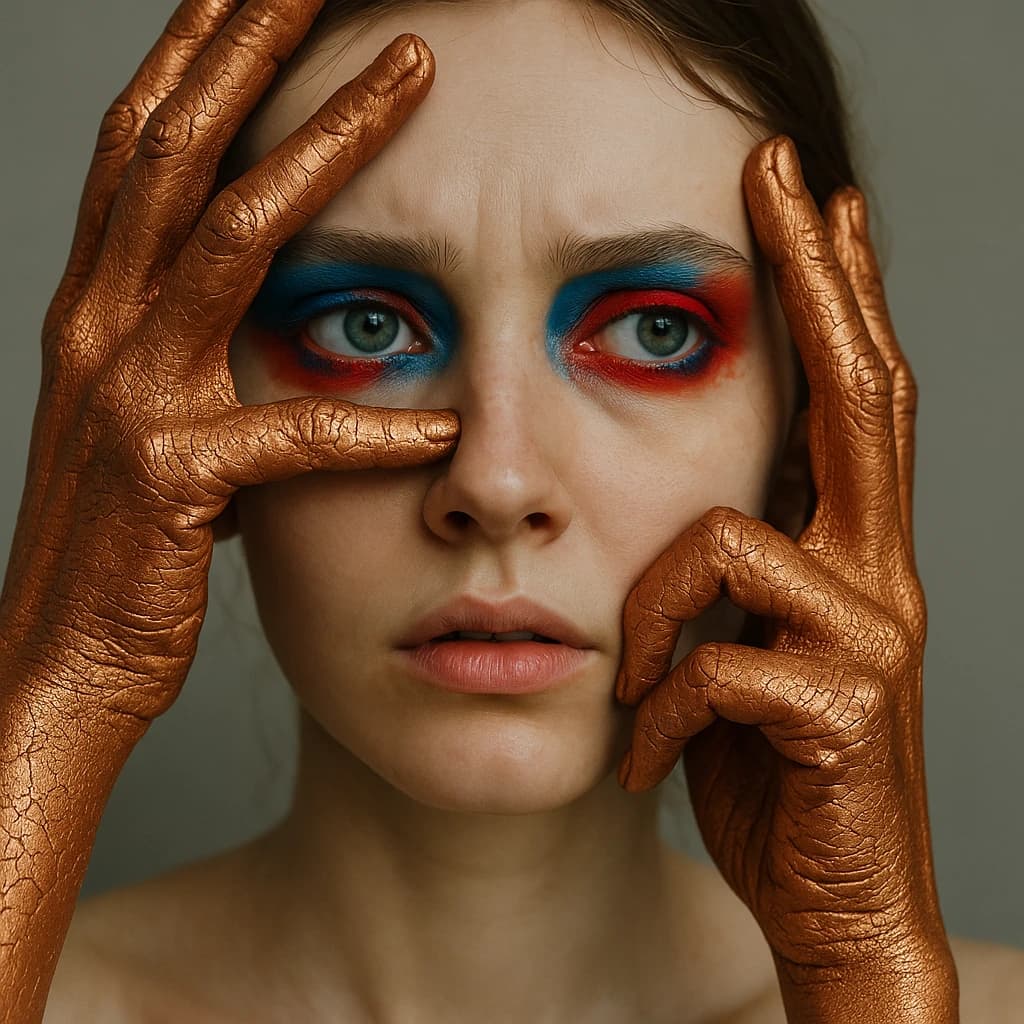 A striking close-up portrait of a woman with cracked metallic copper-painted hands framing her face. Her vivid blue and red eye makeup contrasts sharply with the smooth, pale skin and muted background, creating a bold, surreal composition. She displays an air of uncertainty about her