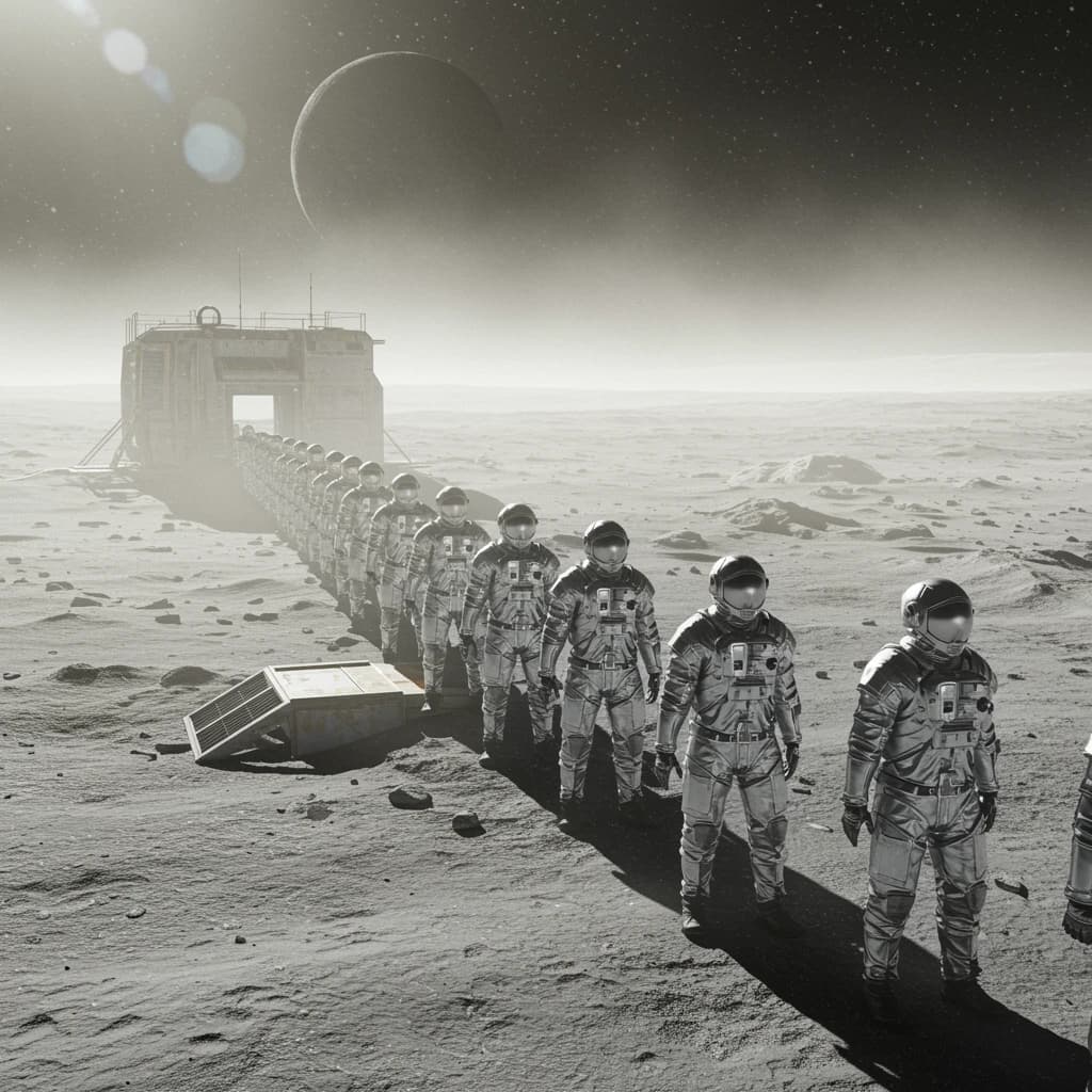 Silver exosuits queue at a dusty lunar checkpoint.