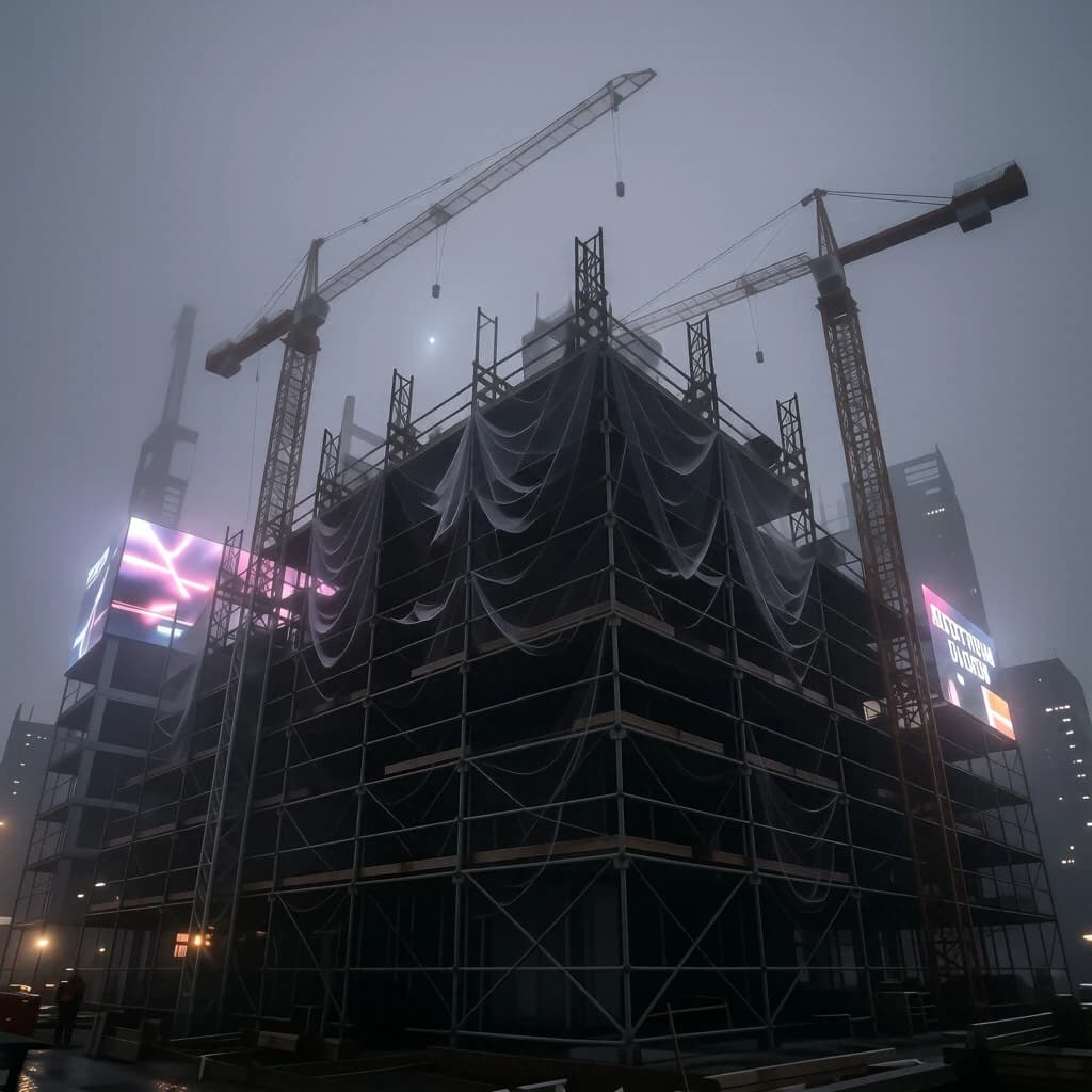 A construction site stretched upward into fog, cranes frozen in silhouette. Wind rattled scaffolding draped with torn mesh that glowed faintly from nearby billboards