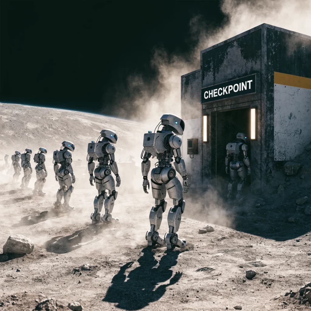 Silver exosuits queue at a dusty lunar checkpoint.