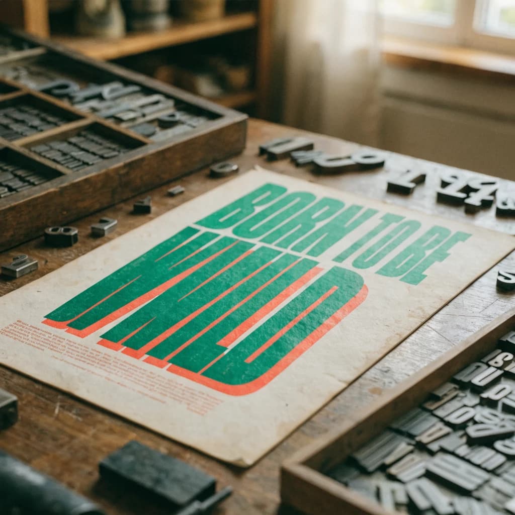 A vintage letterpress poster on a wooden desk: bold slab serif headline, tight kerning, misregistered ink, slightly worn edges, scattered metal type, soft window light.