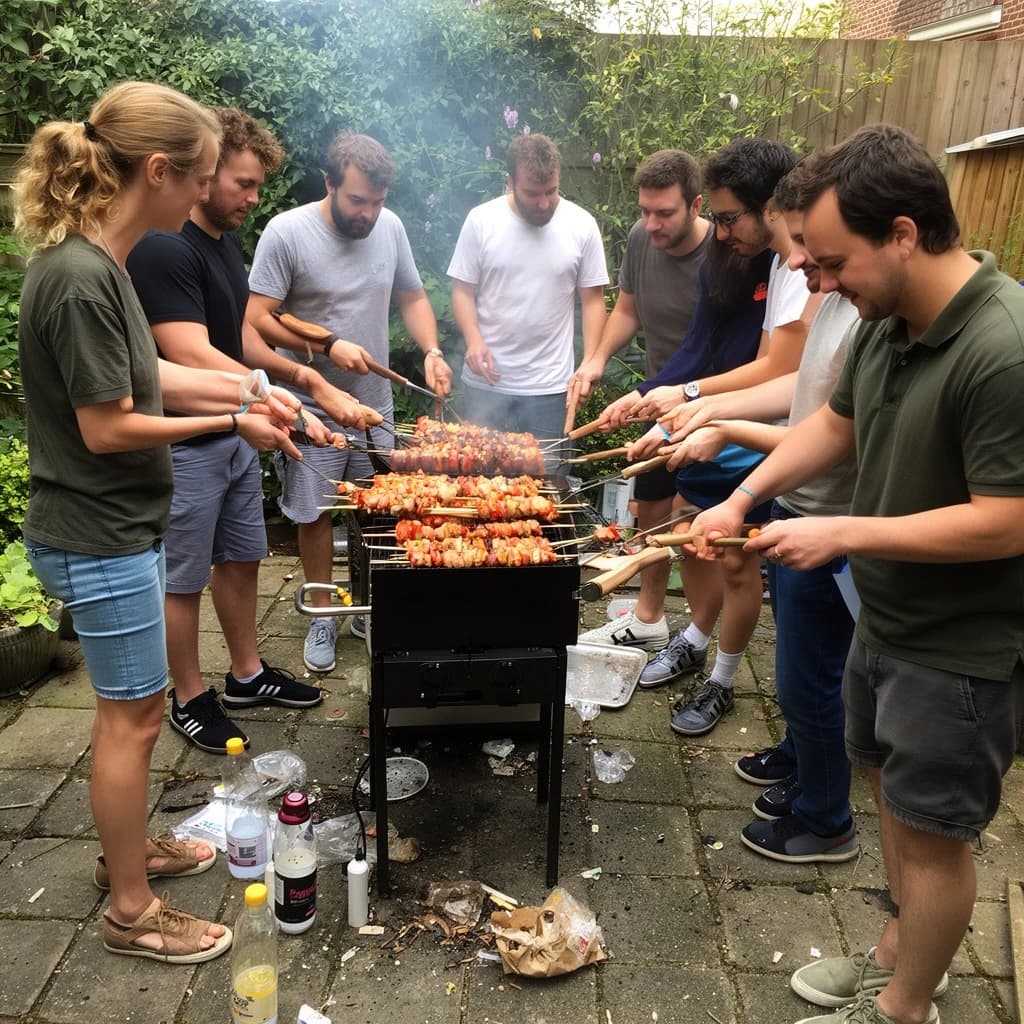 Friends grill skewers on a slightly messy patio.
