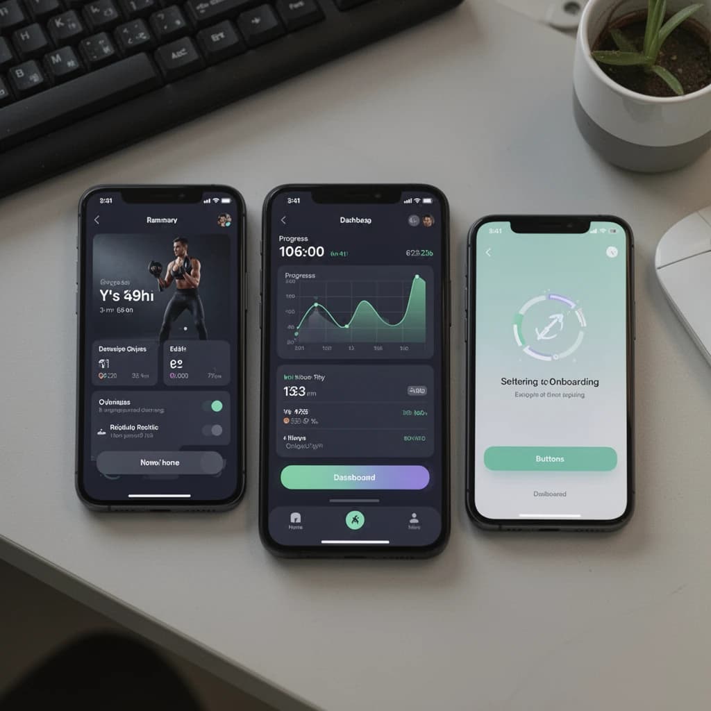 Sleek mobile fitness app screens on a desk: dark mode home, progress dashboard, simple onboarding, clear 8 pt grid, slightly oversized buttons for thumb reach, muted colors.