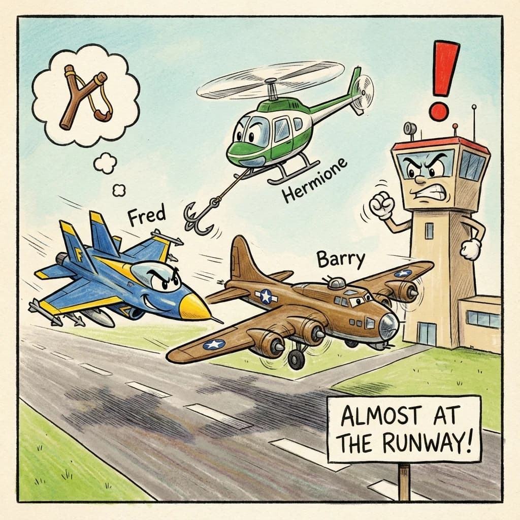 Almost at the runway, Fred the Fighter Jet is racing with Barry the Bomber to see who lands first. Fred has a mischievous trick up his sleeve but Hermione the Helicopter is going to stop him before he gets the chance. The control tower is very angry and has a big exclamation mark. Hand drawn cel look