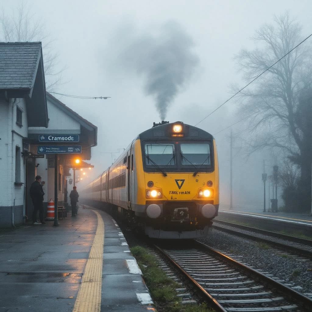 A commuter train enters a foggy little station.