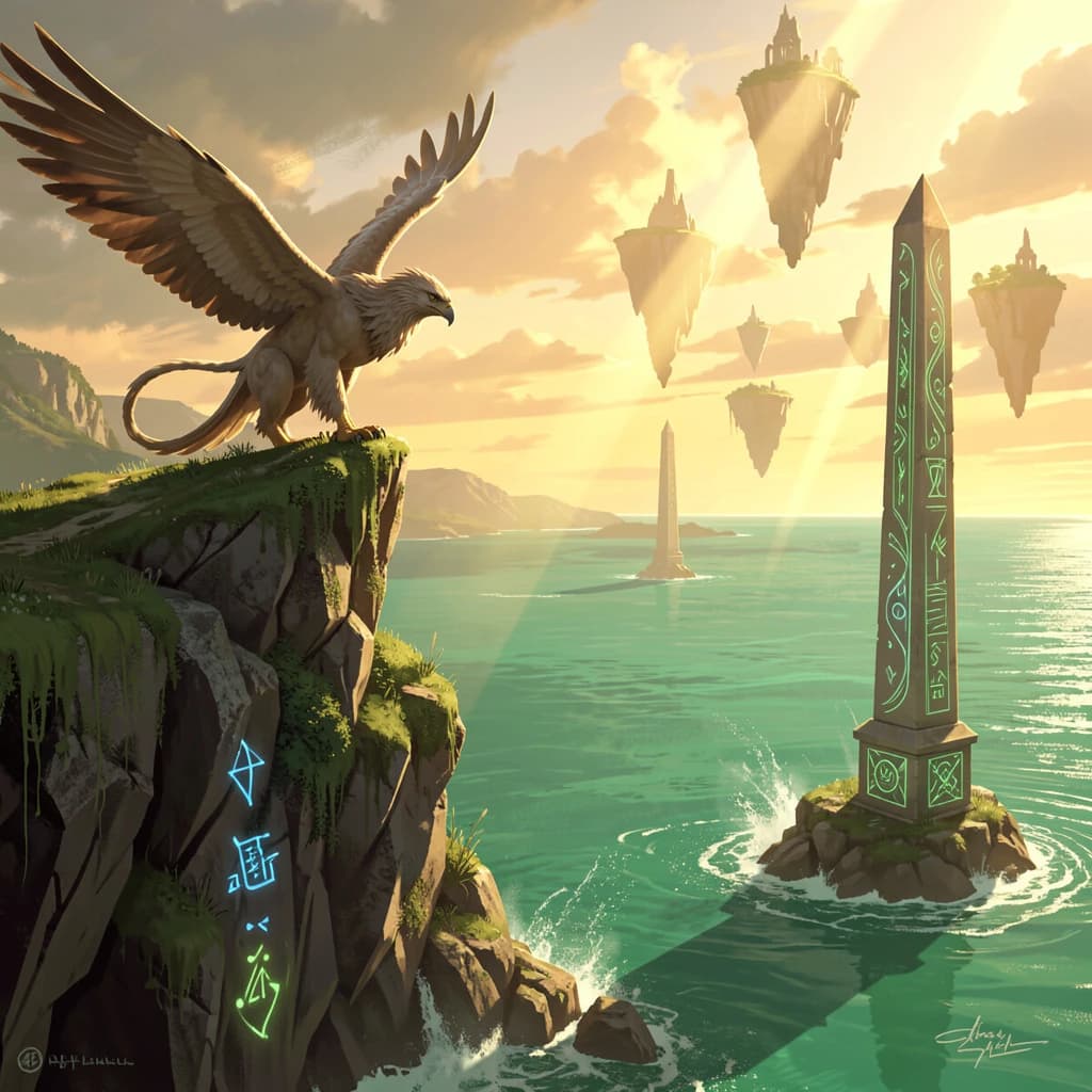 At dawn, a winged griffin lands on a mossy cliff above a jade sea beside a runed obelisk; floating isles drift under golden sunbeams, with a bit of sea spray and glowing runes.