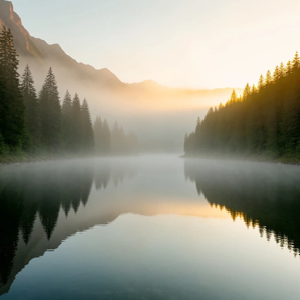 I want a photo of a misty alpine lake at dawn, pines, glassy water, warm light.