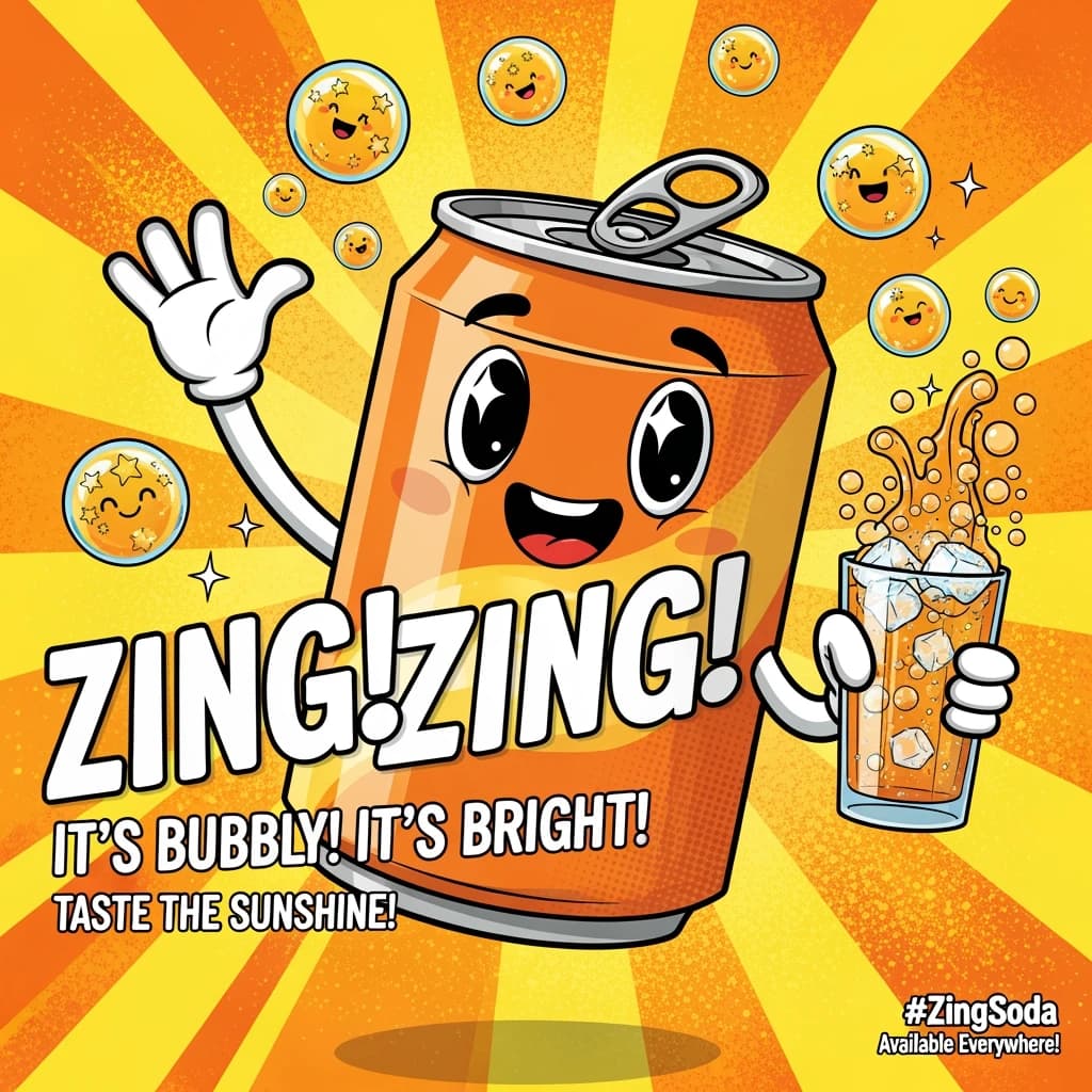 Design a bright soda billboard ad with a bubbly can mascot, thick inky lines.