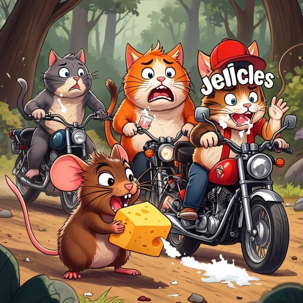The cartoon rat clenches his thin wedge of cheese and trembles in fear as he hides from the menacing Jellicles, the roaming cat motorcycle gang, all wearing their colors with the name on the back. The cats have all drunk far too much milk and are causing a big ruckus! One cat is close to finding the rat