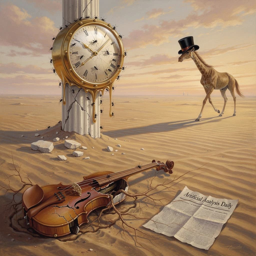 A vast desert plain stretches endlessly under a sky streaked with pale pink and ochre clouds. In the center stands a colossal clock, its face drooping and melting over the edge of a broken marble column. Ants swarm across its warped surface, glinting in the harsh sunlight. To the right, a horse with a giraffe like neck wearing a top hat strides toward the horizon, its shadow stretching miles across the sand. A cracked violin lies half-buried in the foreground, strings snapping outward like veins. Painted in the dreamlike surrealist style. A newspaper named the "Artificial Analysis Daily" lies on the Floor.