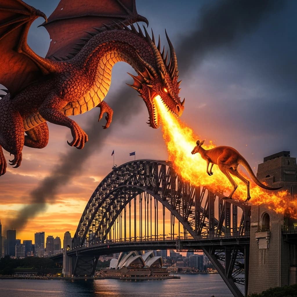 A dragon breathes fire at a kangaroo that is running away by climbing over the top of the Sydney Harbour Bridge. Opera House visible in the background.