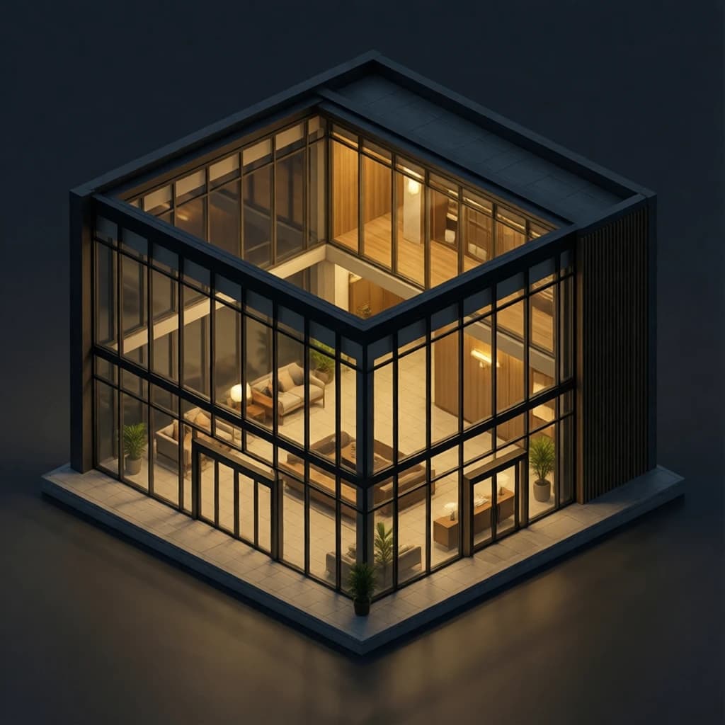 Isometric 3D lobby, glass walls, warm lights, slightly moody, soft shadows.