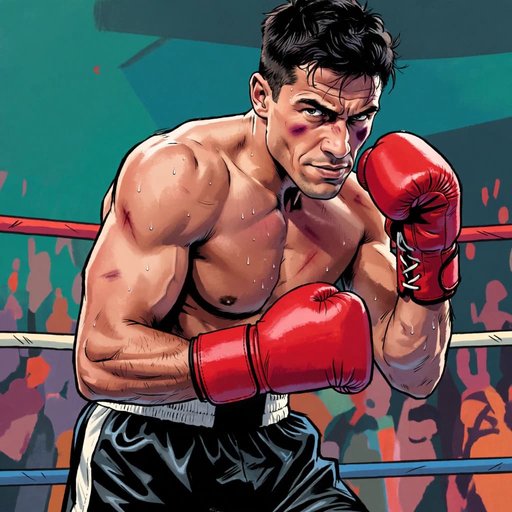 Paint a bruised boxer smiling, serious expression.