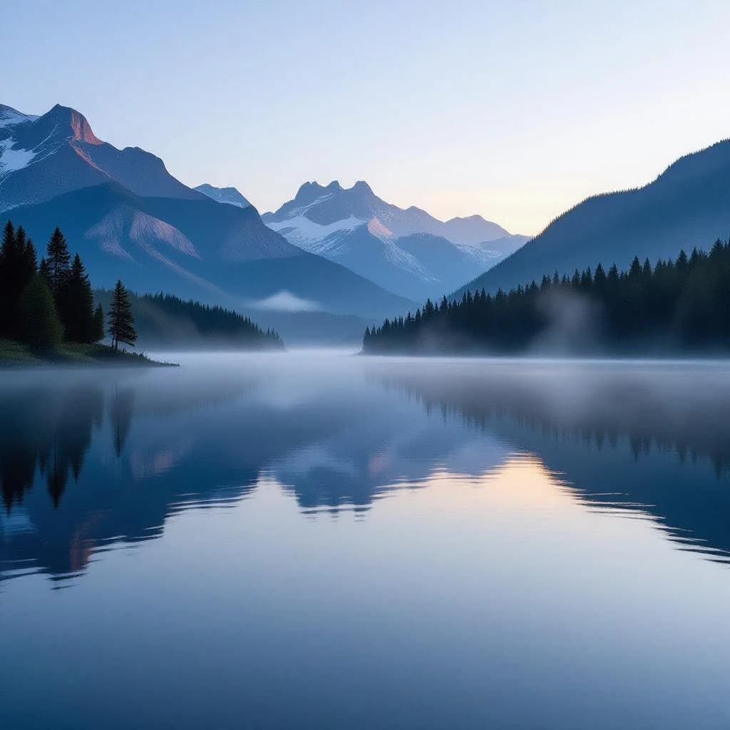 I want a photo of a misty alpine lake at dawn, pines, glassy water, warm light.