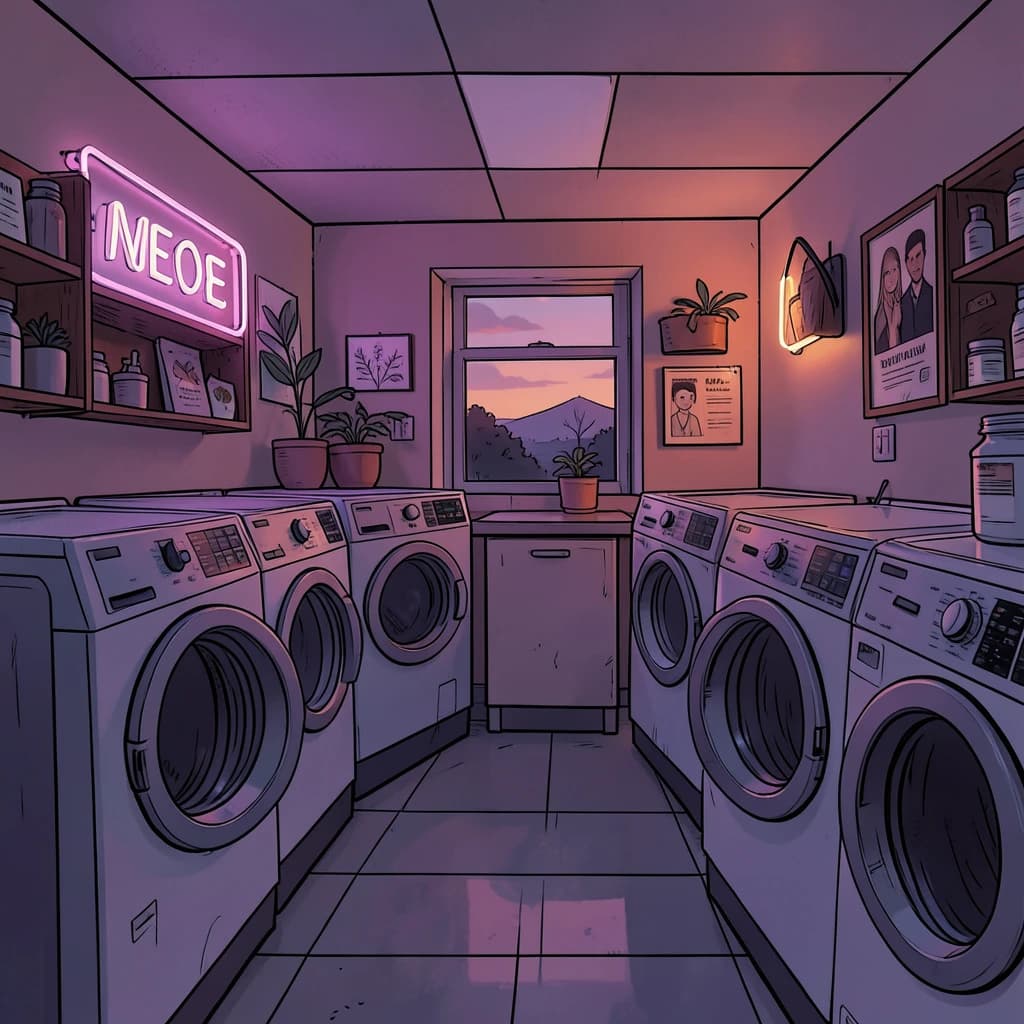 A cozy laundromat at dusk, neon humming, flat colors, bold inked lines.