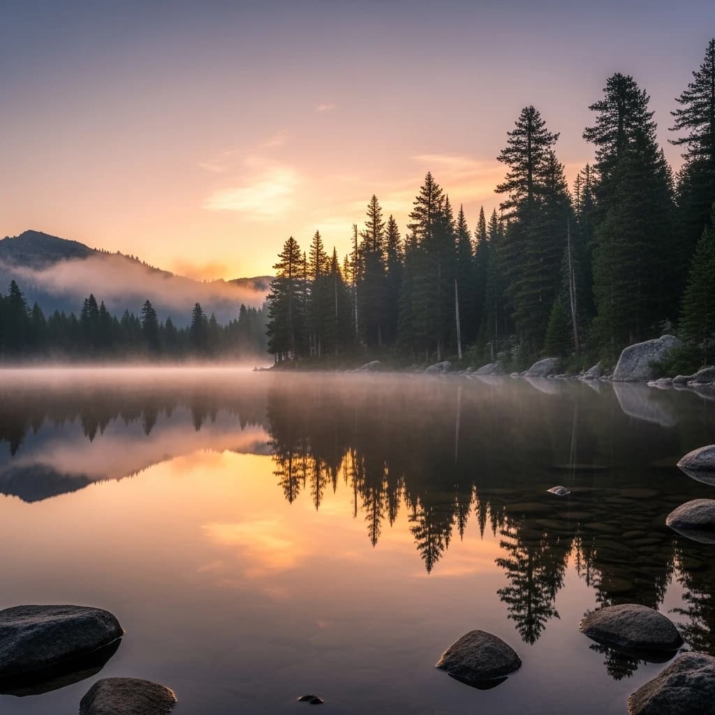 I want a photo of a misty alpine lake at dawn, pines, glassy water, warm light.
