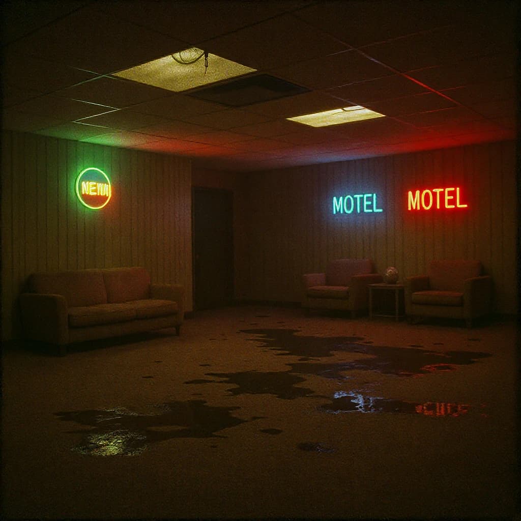 Show a faded 70s motel lobby with humming neon, sticky carpet, film grain.