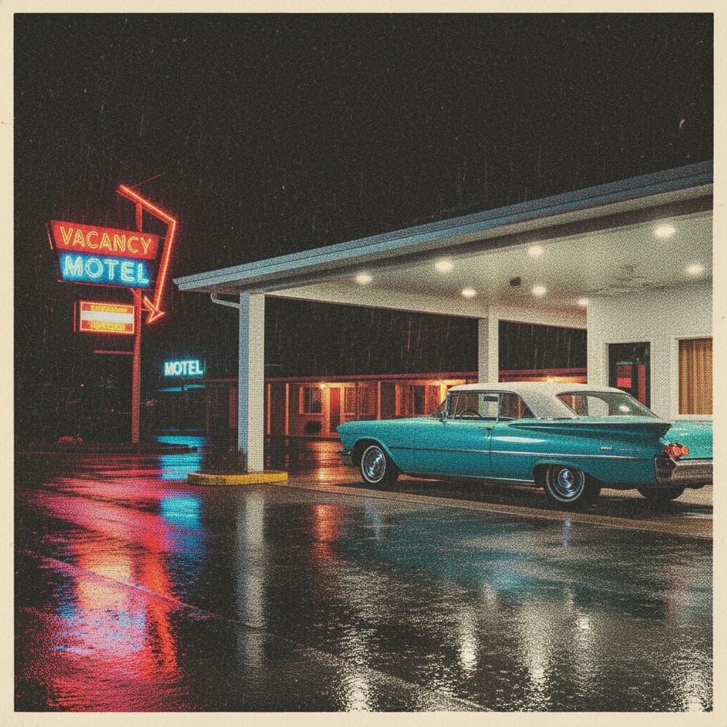 Show an old roadside motel under neon at midnight, rain on asphalt, a teal classic coupe parked; a bit of film grain, slightly faded pastels, halftone print, paper texture.