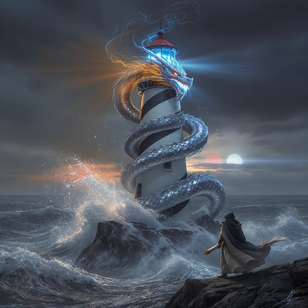 A dragon of molten silver coils around a lighthouse. The storming sea below crashes upward in frozen stillness, as though caught mid-motion. The dragon’s molten eyes drip tears of ice. On the horizon, two suns set next to each other, casting orange light on one side of the tower and blue on the other. A cloaked traveler carries an ancient weapon in his left hand and a scroll in his right.