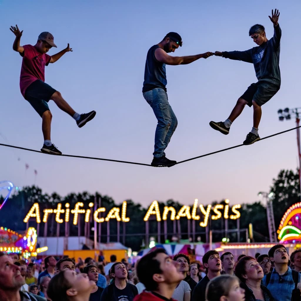 At dusk, high above a carnival crowd, three tightrope walkers balance on a single rope with no aids, one is off balance and grabbing at air. Below, the audience looks upward with baited anticipation. Artificial Analysis is spelled out in the background in carnival lights