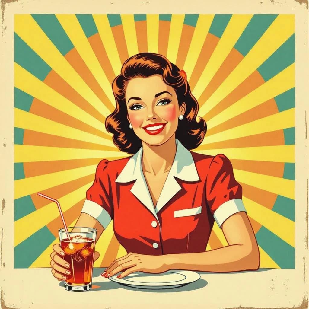 Mid-century soda ad, smiling waitress, halftone sunburst, a bit of faded paper.