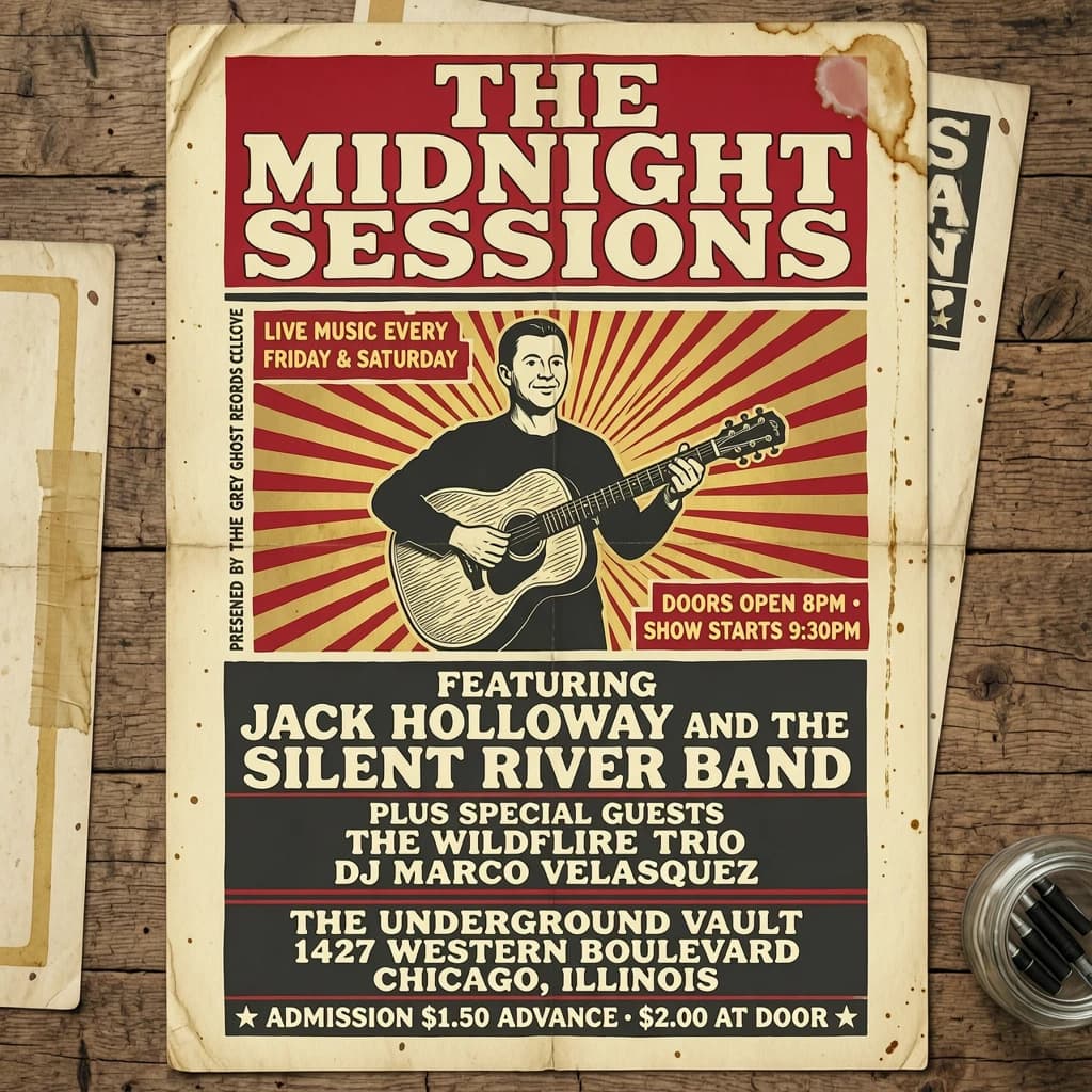 Make a 1960s concert poster featuring bold wood type, misaligned ink, creases.