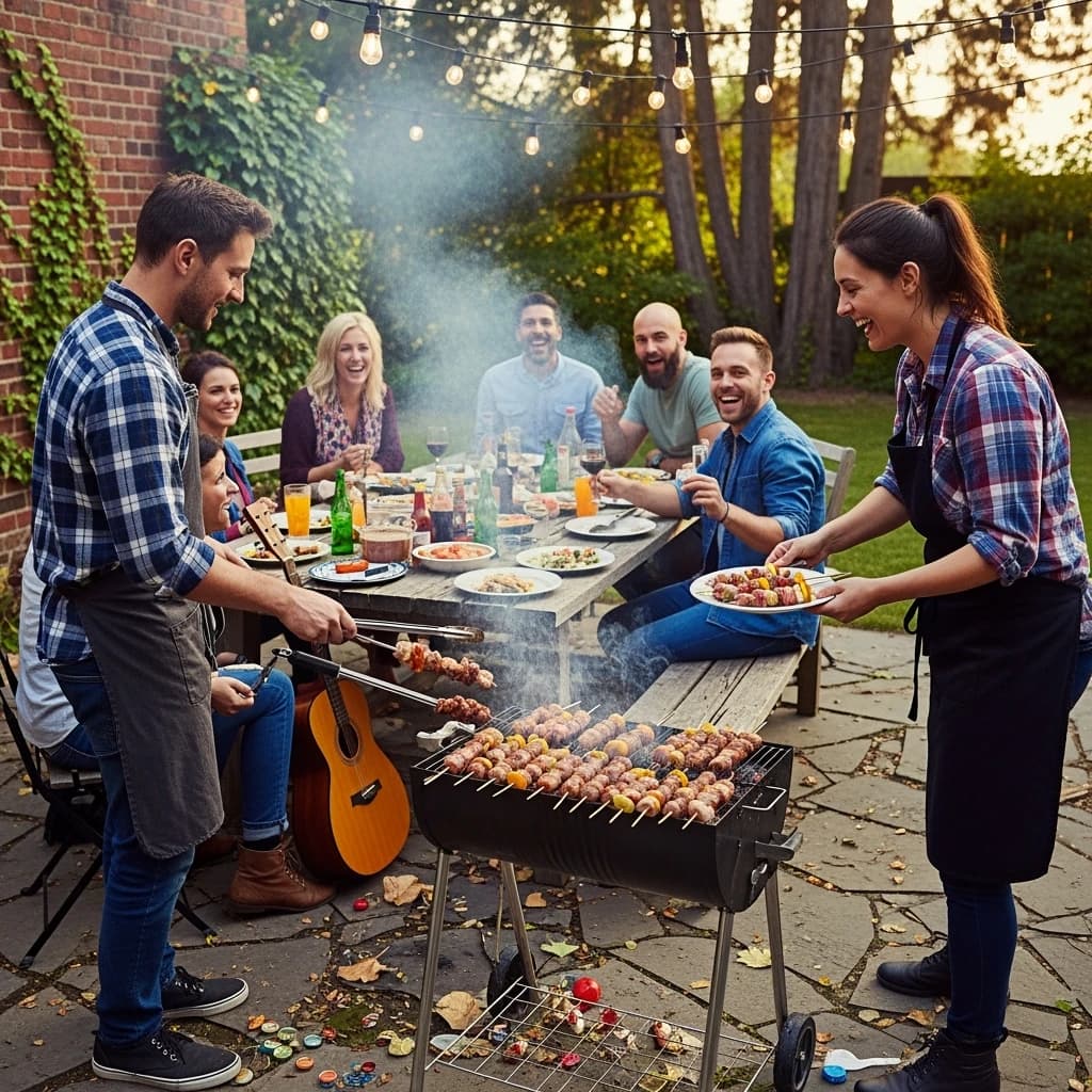 Friends grill skewers on a slightly messy patio.