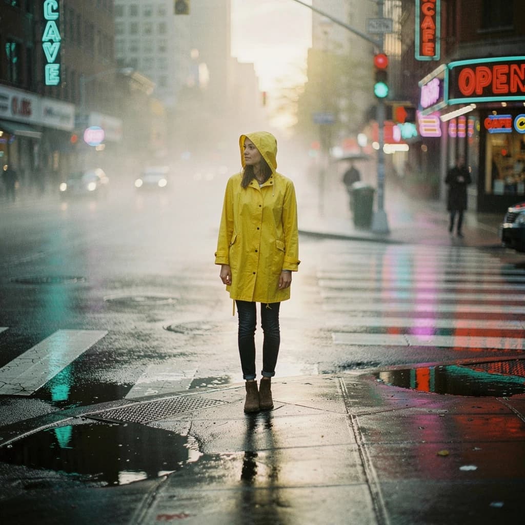 A sunlit city street after rain; puddles mirror neon signs as a woman in a yellow raincoat waits at a crosswalk, soft mist, 50mm look, natural tones, a bit of film grain.