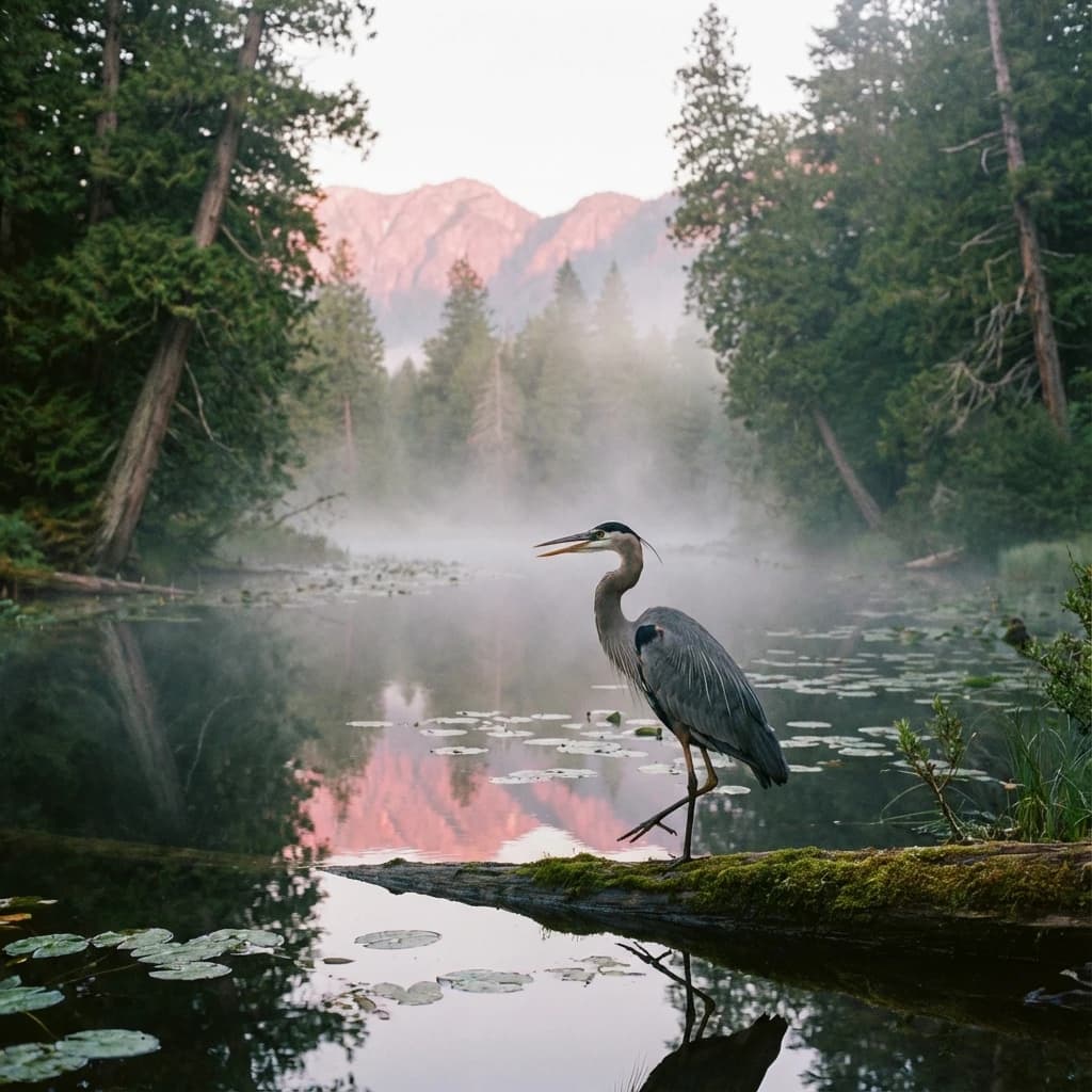 With pre-dawn mist along a cedar forest river and glassy water dotted with lily pads, distant mountains blush pink, and a heron stands still like it forgot what to do next.