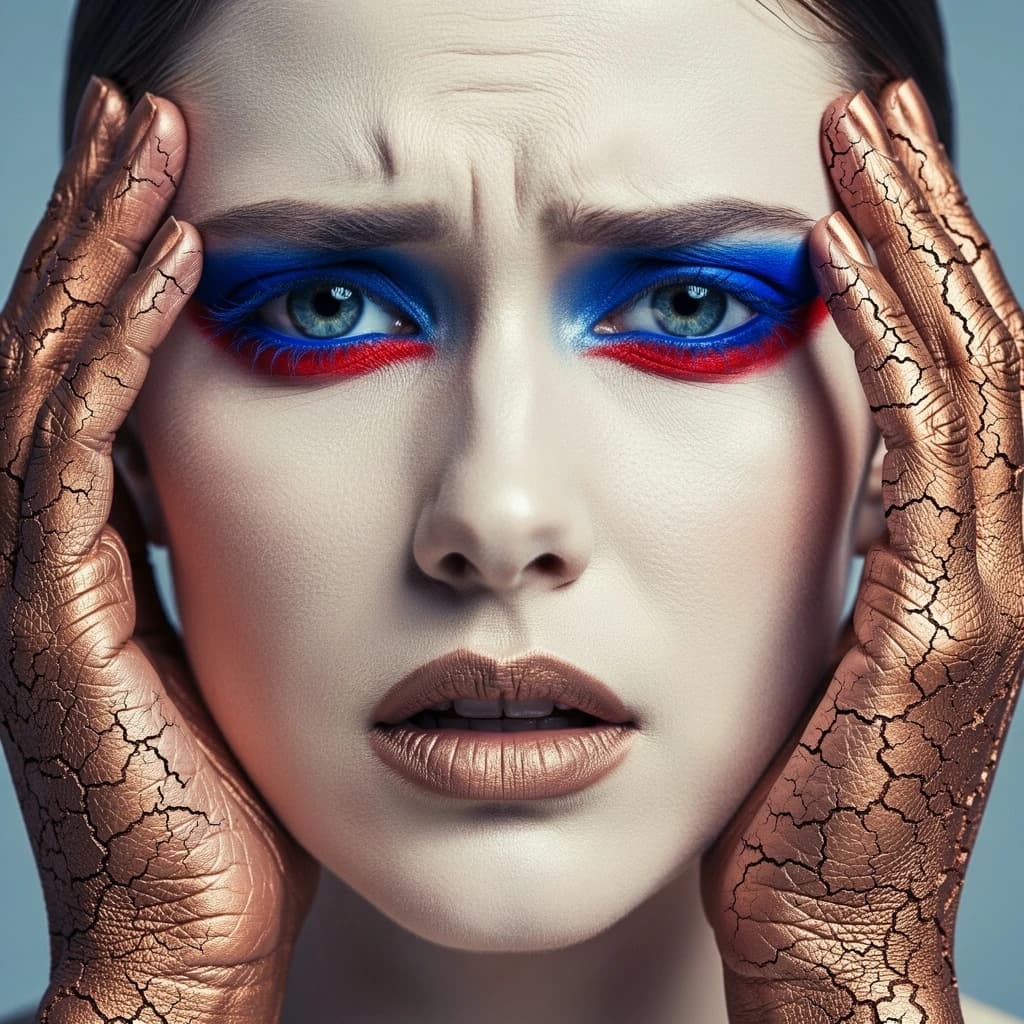 A striking close-up portrait of a woman with cracked metallic copper-painted hands framing her face. Her vivid blue and red eye makeup contrasts sharply with the smooth, pale skin and muted background, creating a bold, surreal composition. She displays an air of uncertainty about her