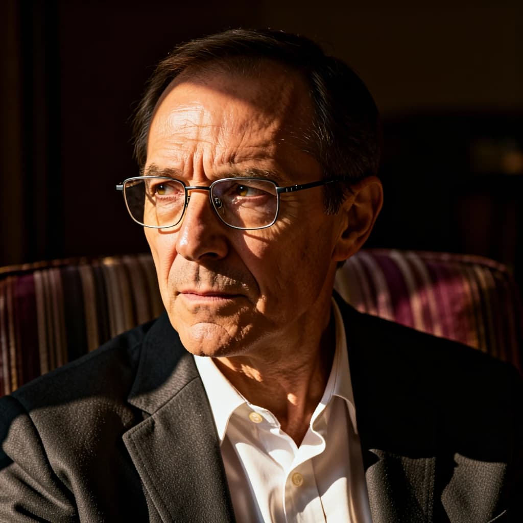 A sharply lit portrait of a middle-aged man wearing thin-rimmed glasses and a dark jacket over a white collared shirt. He gazes intently to the side, his face half illuminated by warm light while the background recedes into deep shadow. The expression is thoughtful, almost wary, as if caught mid-conversation. Behind him, a striped cushion in muted reds and blacks adds subtle texture, contrasting with the crisp highlights on his forehead and glasses. The overall mood is contemplative and cinematic, balancing warmth with tension.