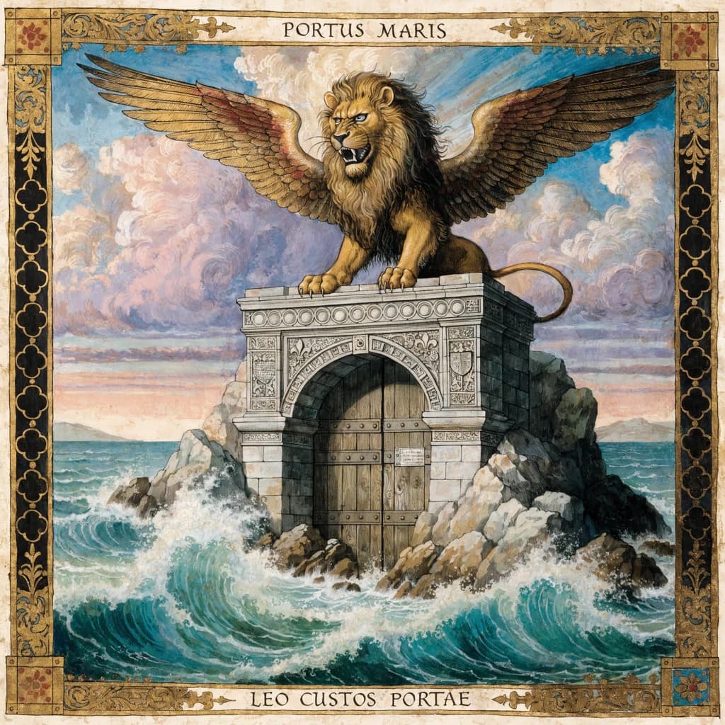 Paint an illuminated manuscript scene of a winged lion guarding a sea gate.