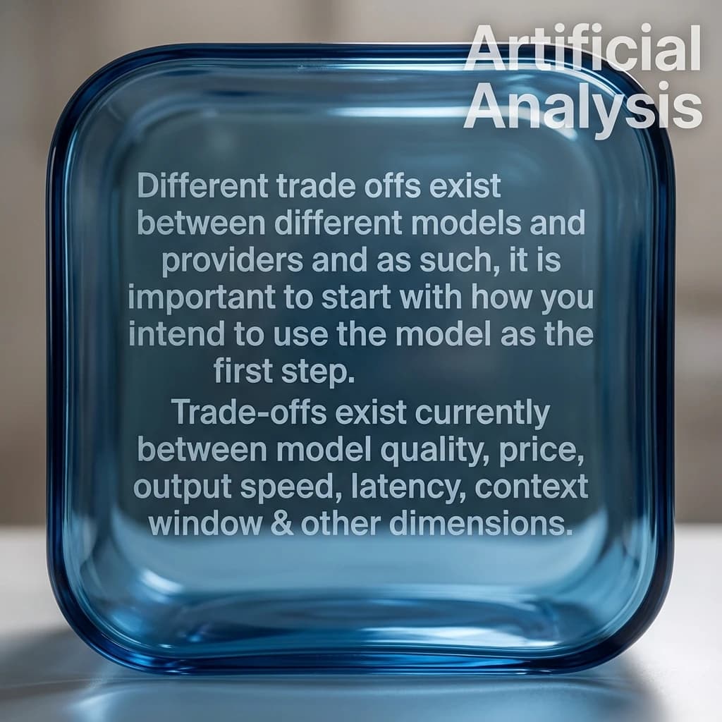 In a clear transparent blue glassy rounded box, etch "Different trade offs exist between different models and providers and as such, it is important to start with how you intend to use the model as the first step. Trade-offs exist currently between model quality, price, output speed, latency, context window & other dimensions. " in sans serif medium weight text. Artificial Analysis is watermarked over the top right 