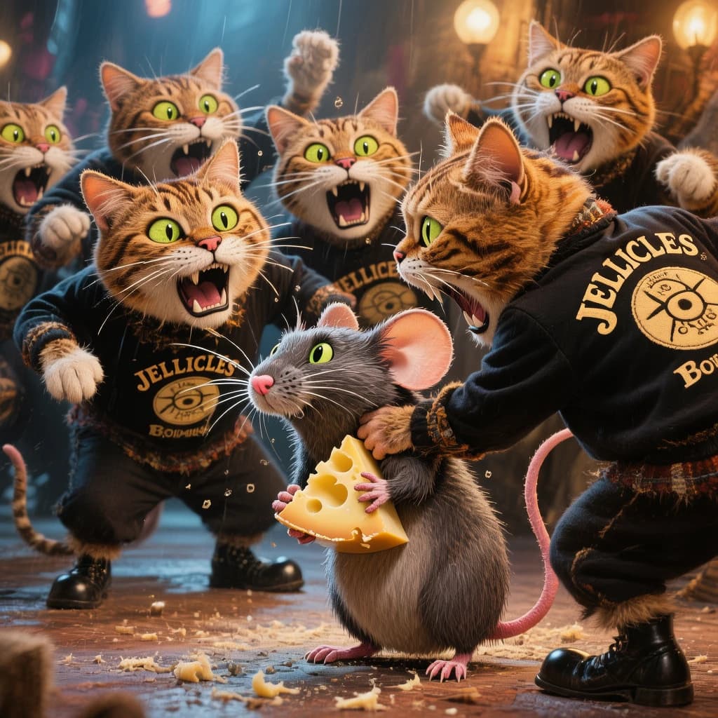 The cartoon rat clenches his thin wedge of cheese and trembles in fear as he hides from the menacing Jellicles, the roaming cat motorcycle gang, all wearing their colors with the name on the back. The cats have all drunk far too much milk and are causing a big ruckus! One cat is close to finding the rat
