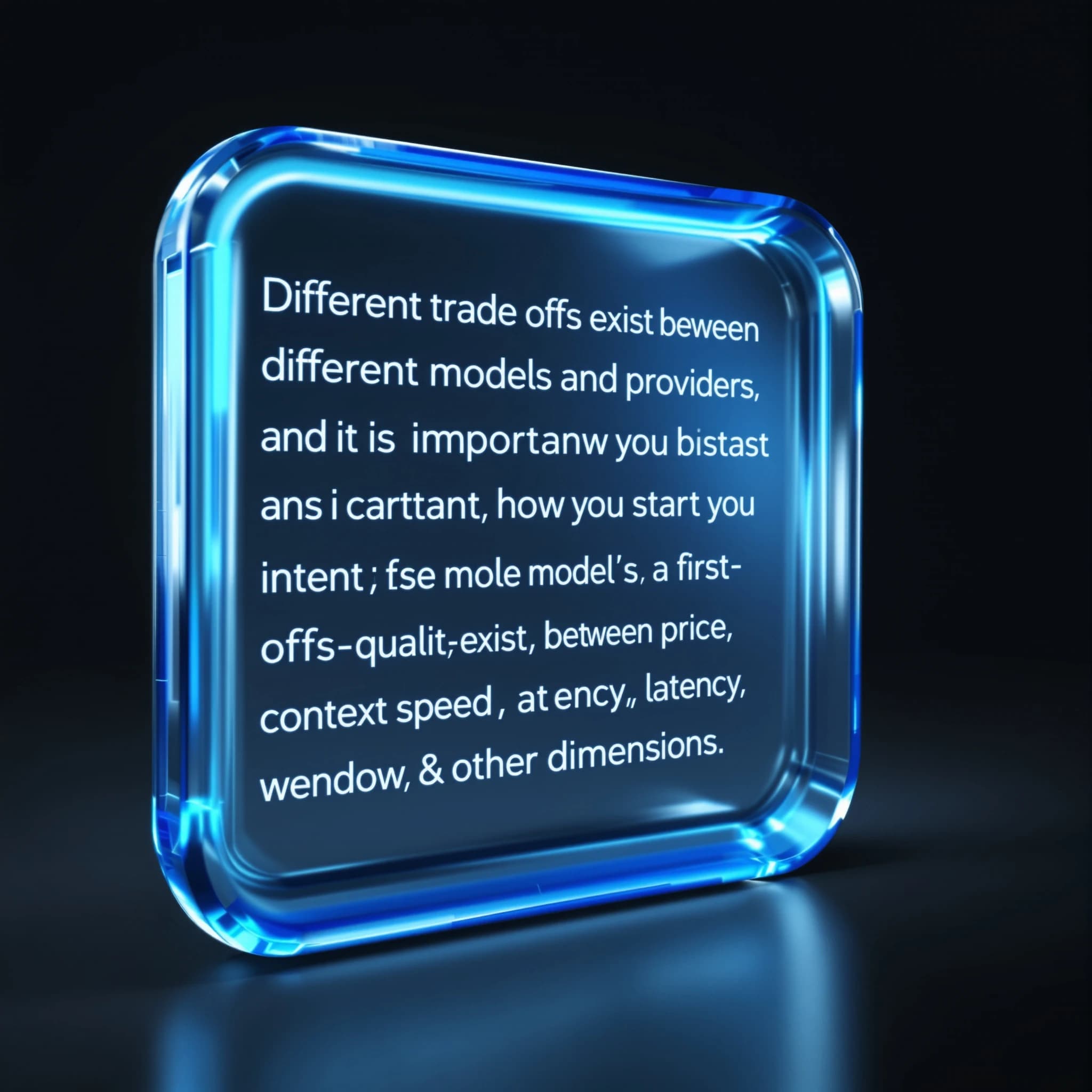 In a clear transparent blue glassy rounded box, etch "Different trade offs exist between different models and providers and as such, it is important to start with how you intend to use the model as the first step. Trade-offs exist currently between model quality, price, output speed, latency, context window & other dimensions. " in sans serif medium weight text. Artificial Analysis is watermarked over the top right 