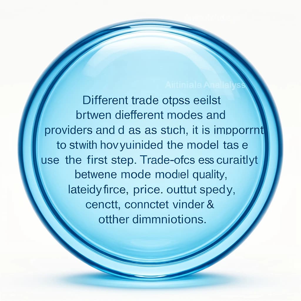 In a clear transparent blue glassy rounded box, etch "Different trade offs exist between different models and providers and as such, it is important to start with how you intend to use the model as the first step. Trade-offs exist currently between model quality, price, output speed, latency, context window & other dimensions. " in sans serif medium weight text. Artificial Analysis is watermarked over the top right 