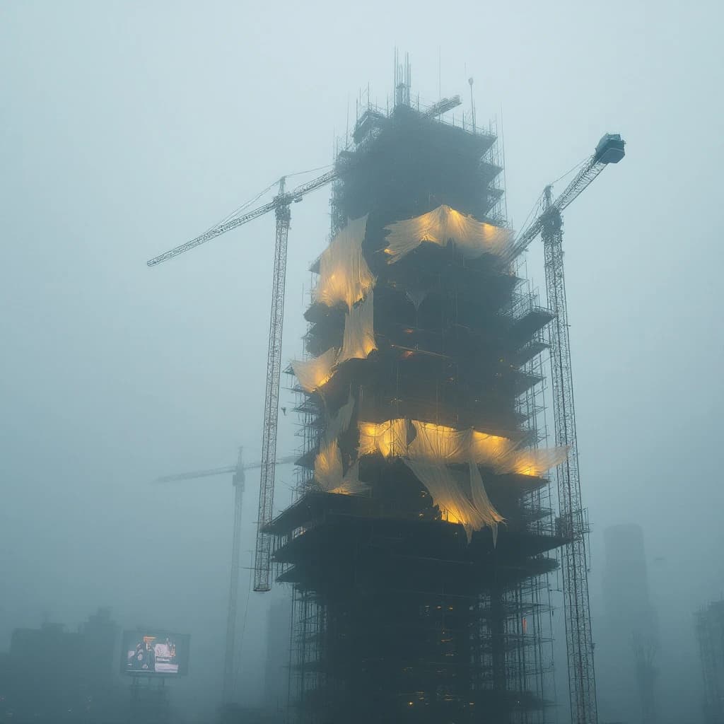 A construction site stretched upward into fog, cranes frozen in silhouette. Wind rattled scaffolding draped with torn mesh that glowed faintly from nearby billboards
