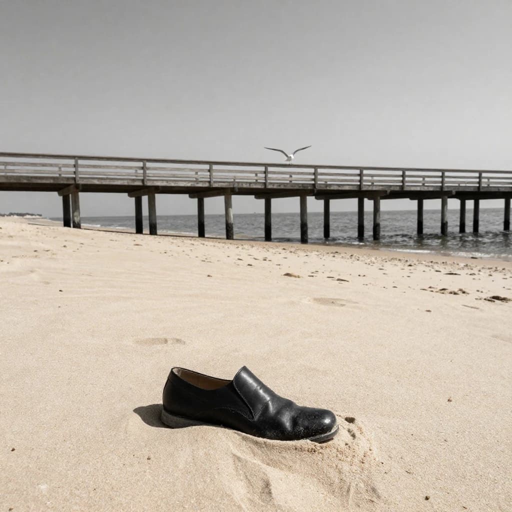 The beach is flat, sand beige, granular, no shells, except for a single left shoe, black leather, size eleven, half buried at an angle. The pier extends straight into the water, wood untreated, grain visible, though the support posts vanish before they touch the surface. The sky is uniformly gray, no clouds, yet shadows stretch at sharp diagonals. A single gull sits on the railing, wings outstretched, frozen mid-flap, no movement.