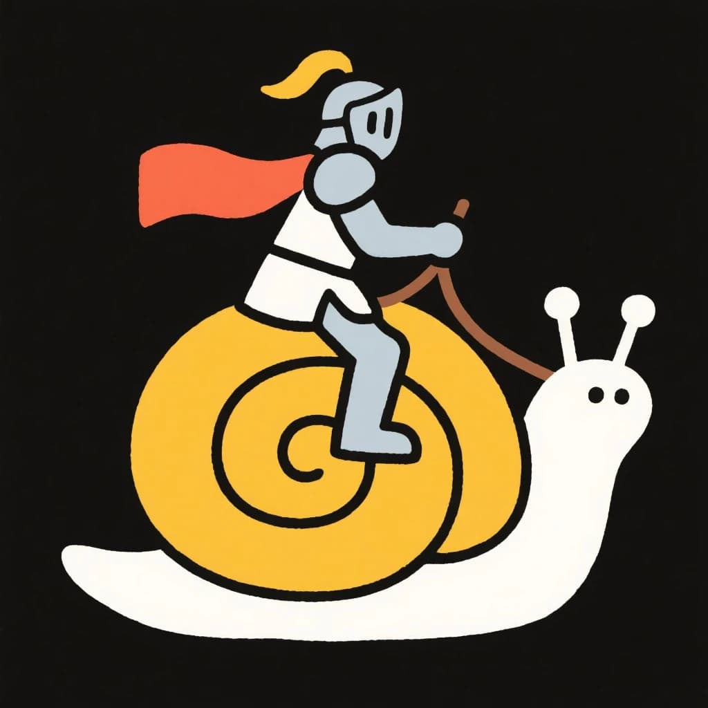 A knight rides a snail, bold lines, flat color.
