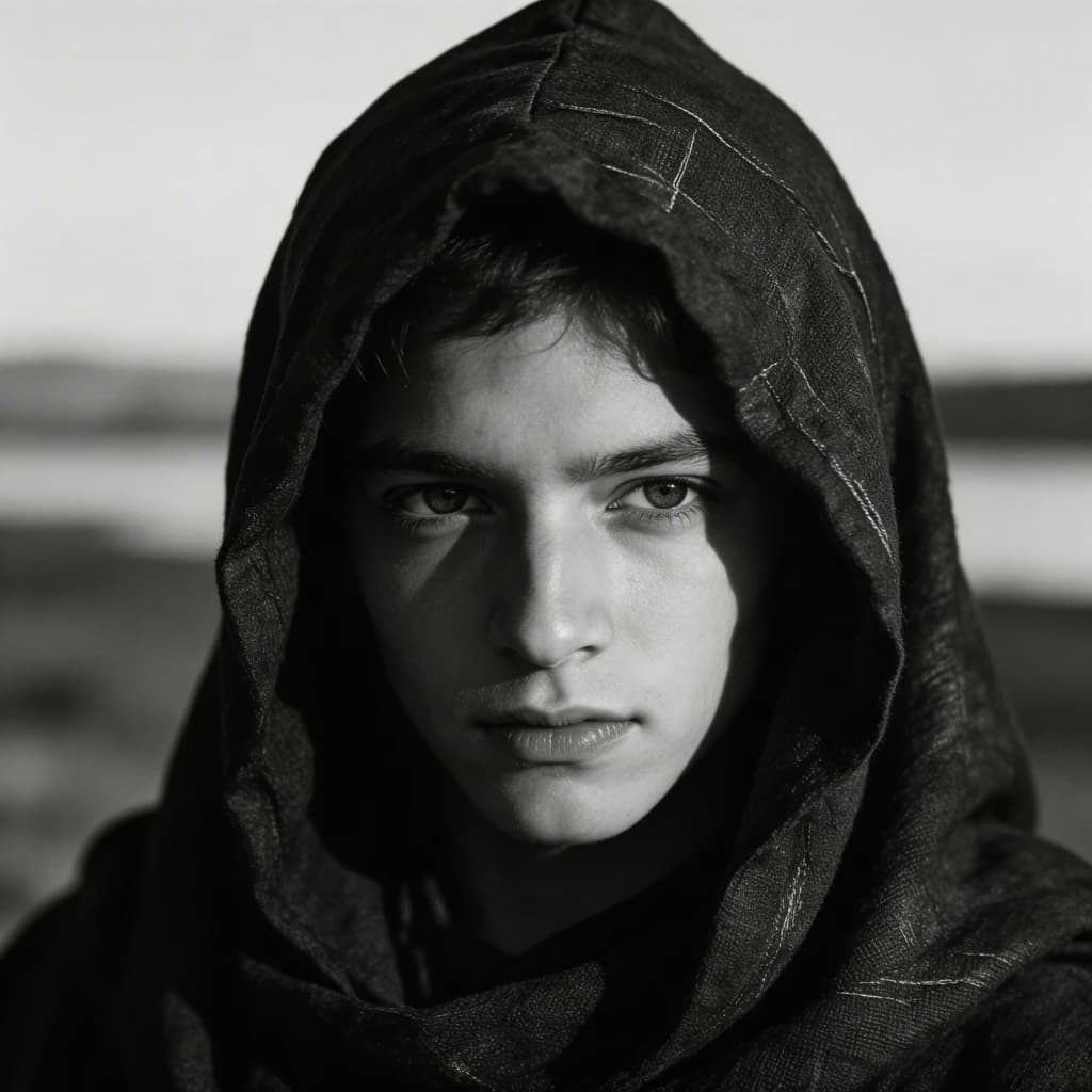 A dramatic black-and-white portrait of a young person draped in a hooded garment, their face framed by the hood's dark folds. Their skin tone and the subtle sheen on their cheeks create striking tonal contrast against the deep shadows. Their eyes are piercing, looking directly into the lens with a calm, steady intensity—neither confrontational nor submissive, but deeply present. The texture of the fabric is visible: it's dense, slightly weathered, and whisper-thin creases catch the light. In the background, an expansive, out-of-focus landscape suggests open space—perhaps distant plains or water—though the details remain soft and abstract. The overall mood is silent yet powerful, poised between vulnerability and resilience, with every highlight and shadow telling part of their story.